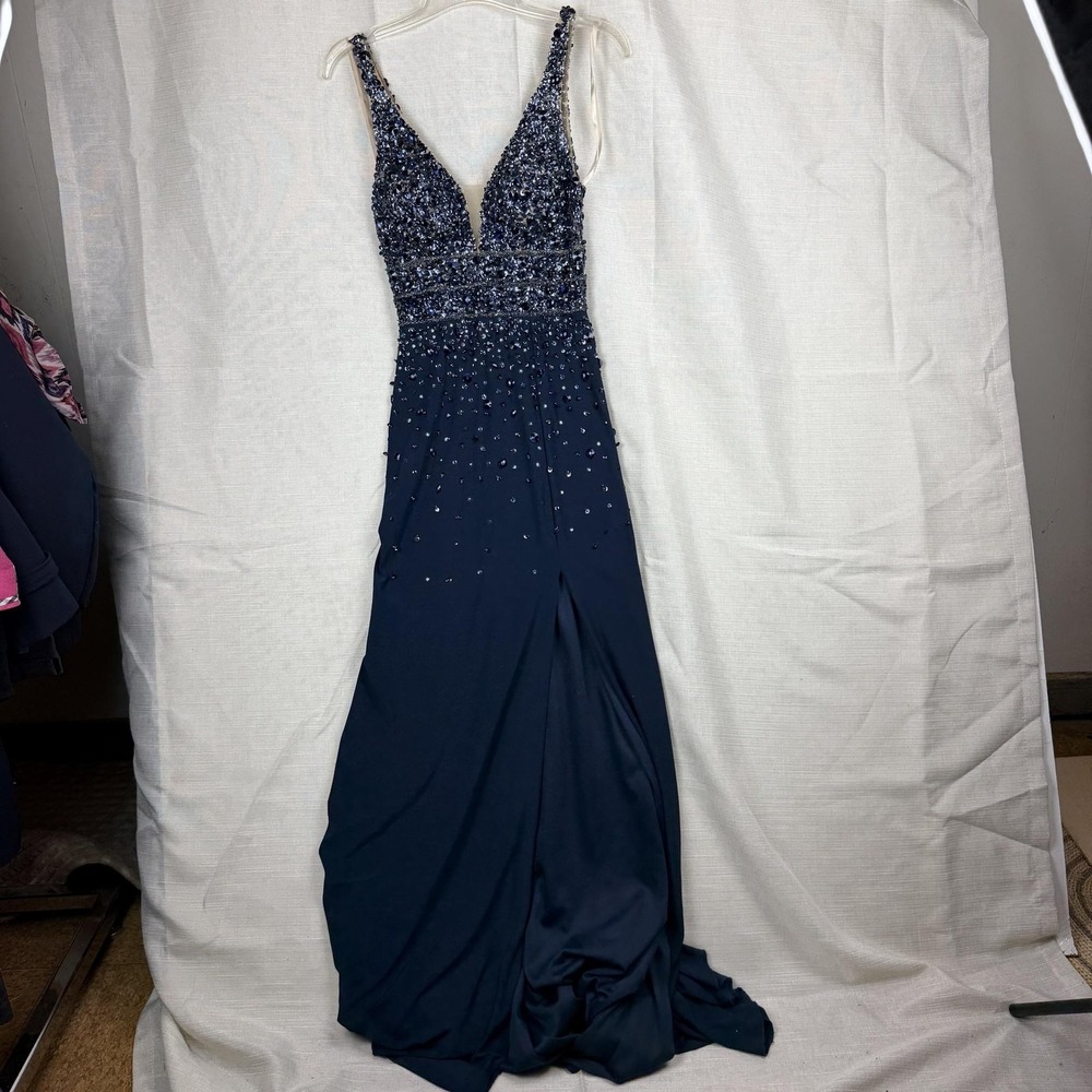 Beaded Sequin Formal Dress Womens Small Navy V Neck Mermaid Slit Long Gown